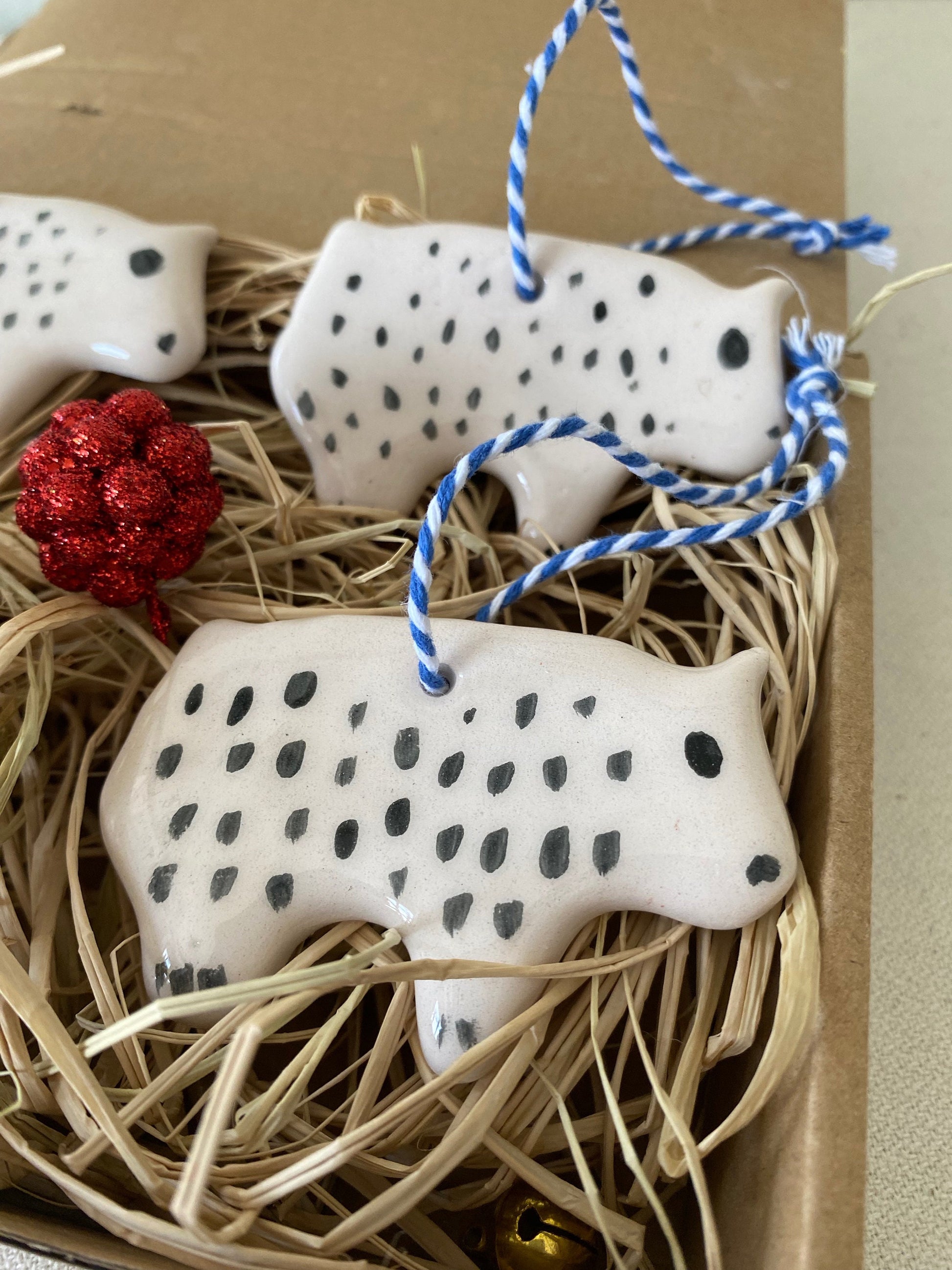 Handmade Ceramic Bear Christmas Ornament Set, White Clay Decoration-5