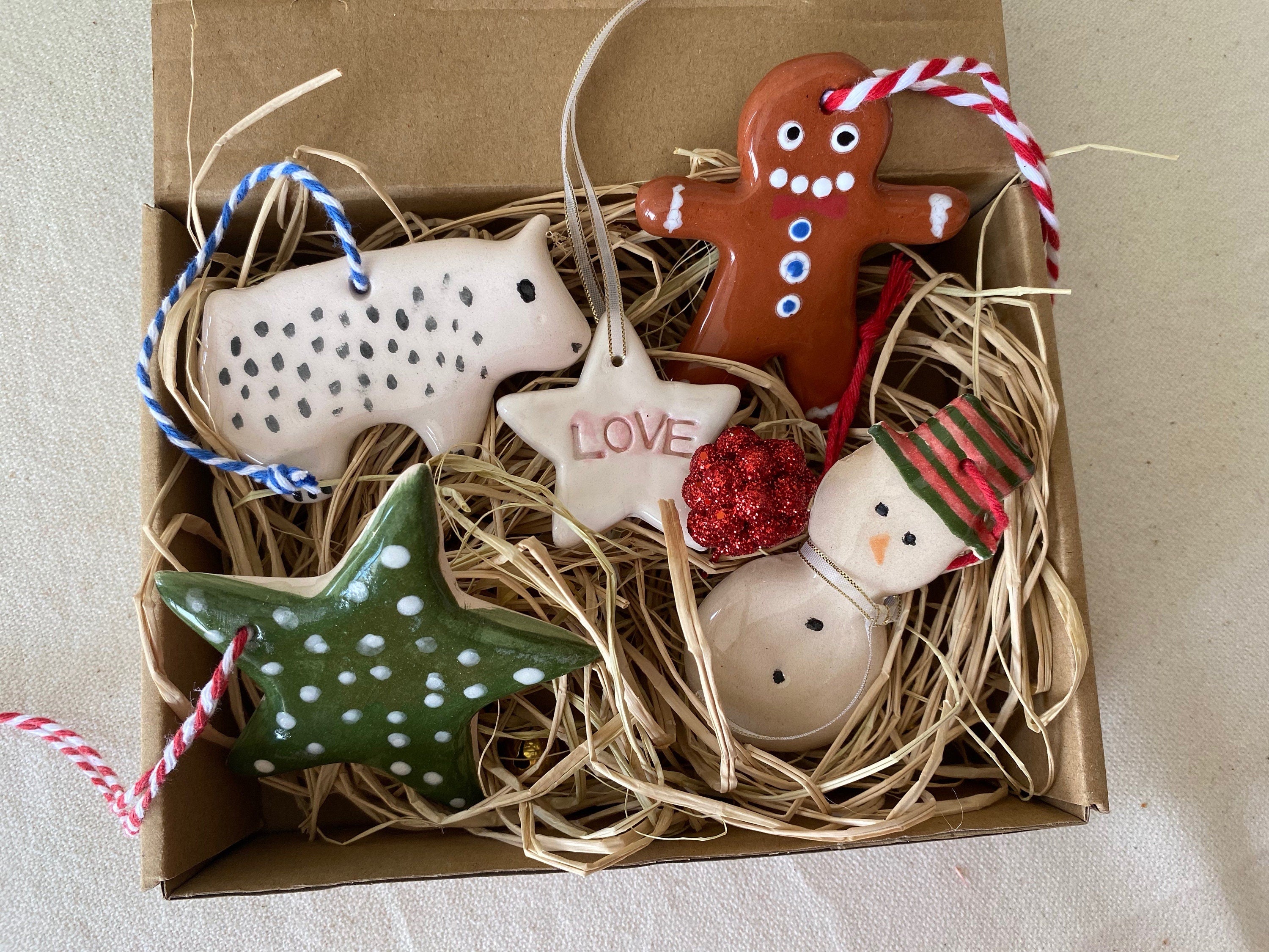 Handmade Ceramic Bear Christmas Ornament Set, White Clay Decoration-zoom-6
