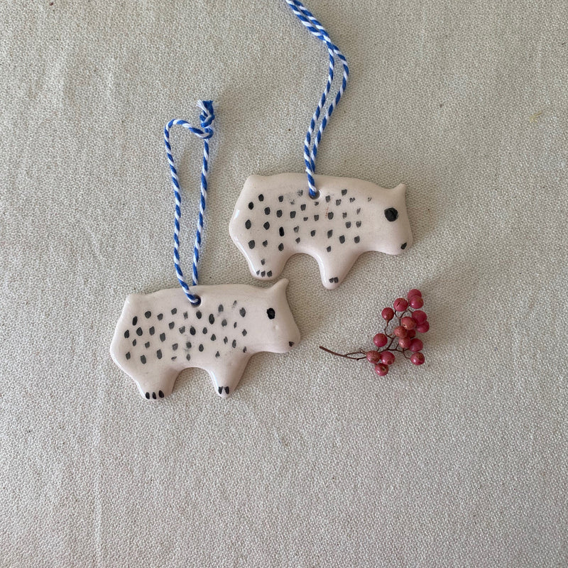Handmade Ceramic Bear Christmas Ornament Set, White Clay Decoration-zoom-
