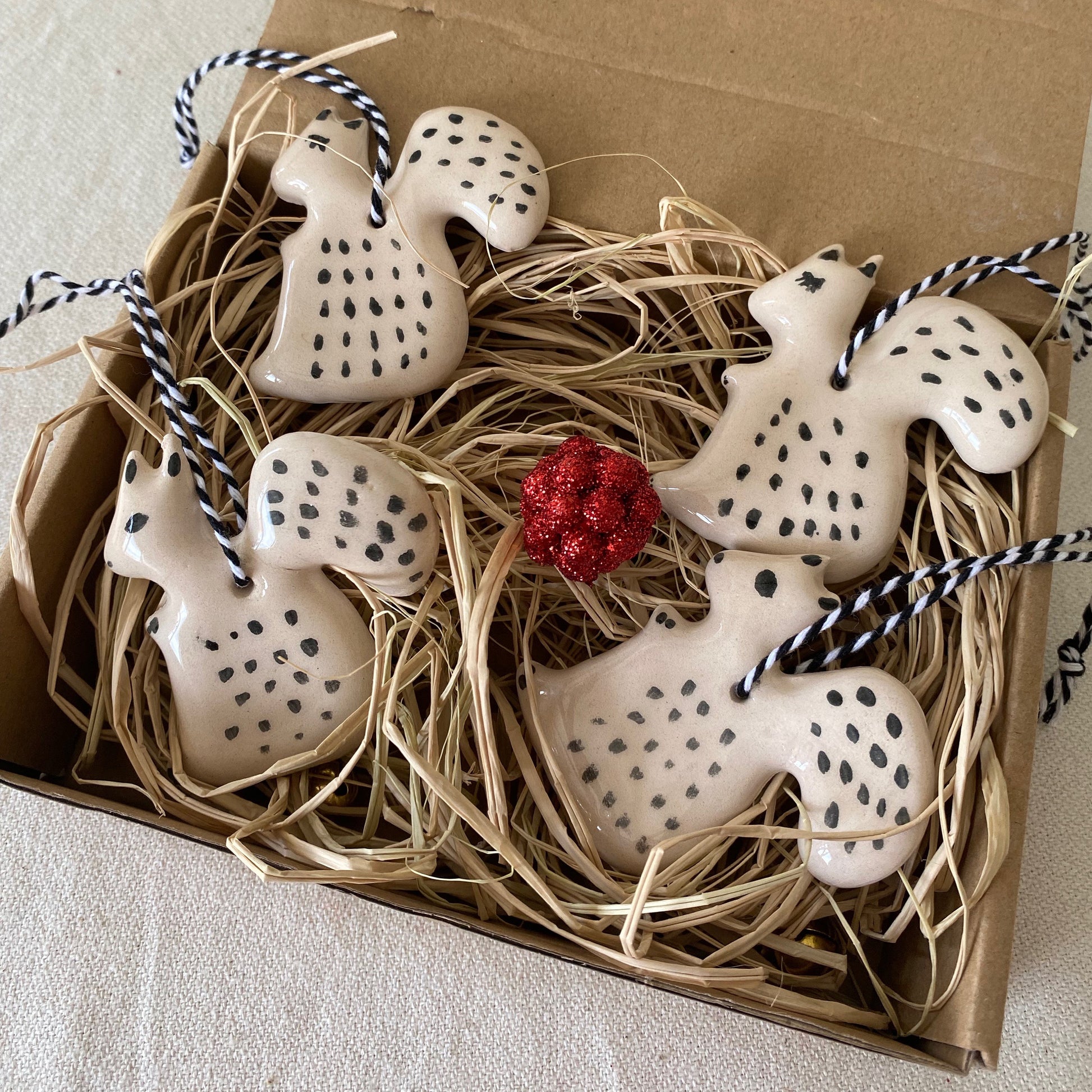 Handmade Ceramic Squirrel Christmas Ornament: White Clay Decoration, Set of 4-1