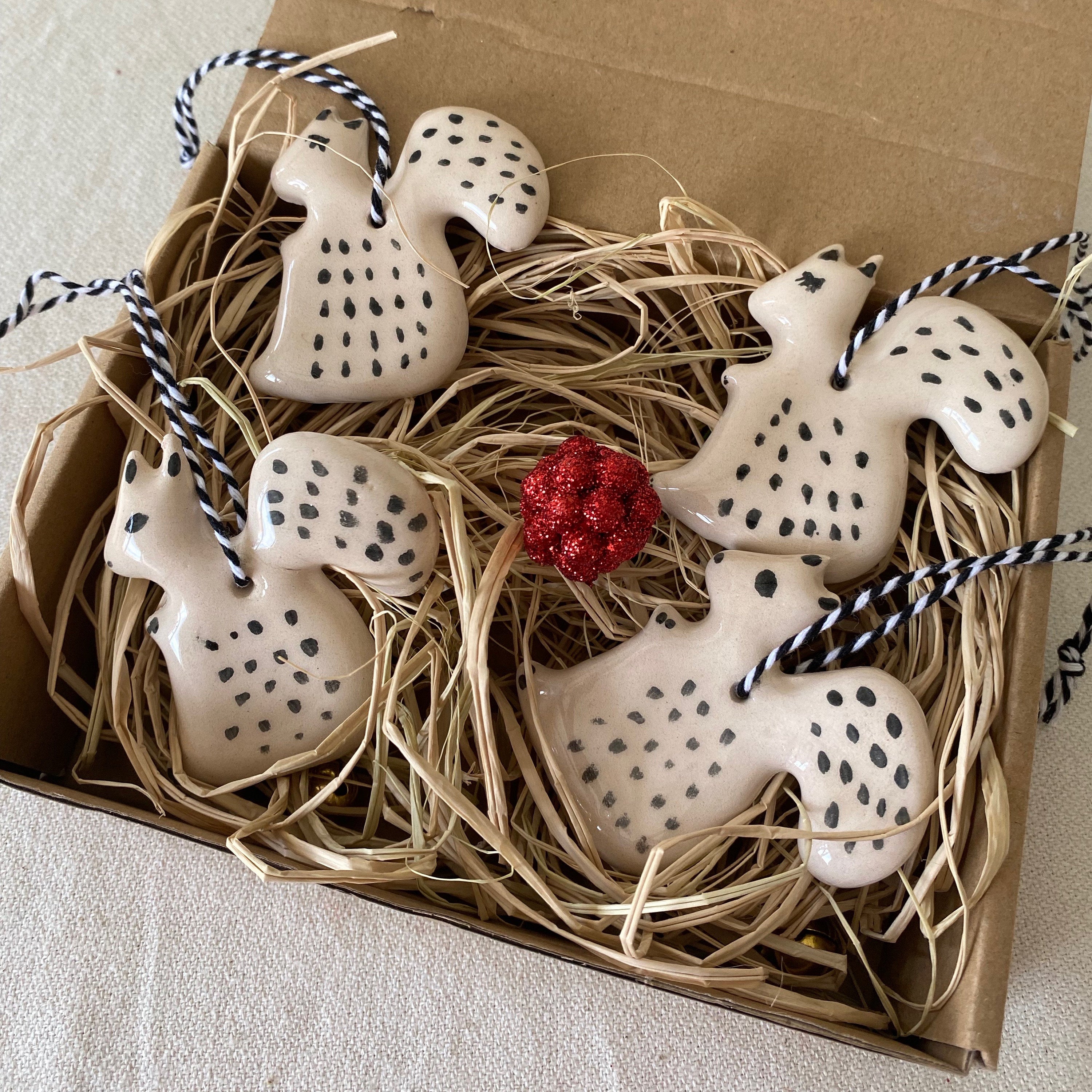 Handmade Ceramic Squirrel Christmas Ornament: White Clay Decoration, Set of 4-zoom-1