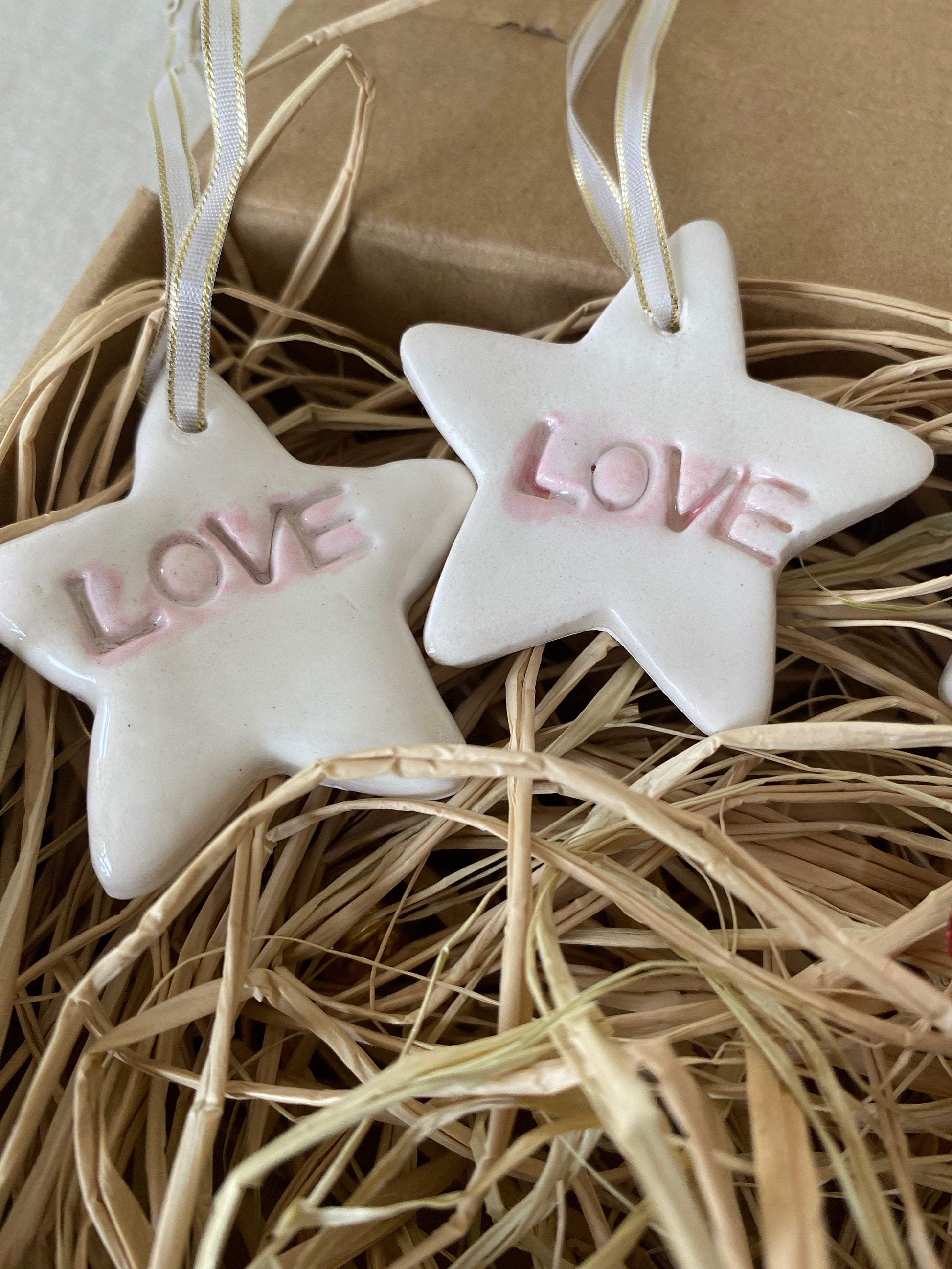 Handmade Ceramic Star Christmas Ornaments - Love Theme, Set of 4-5