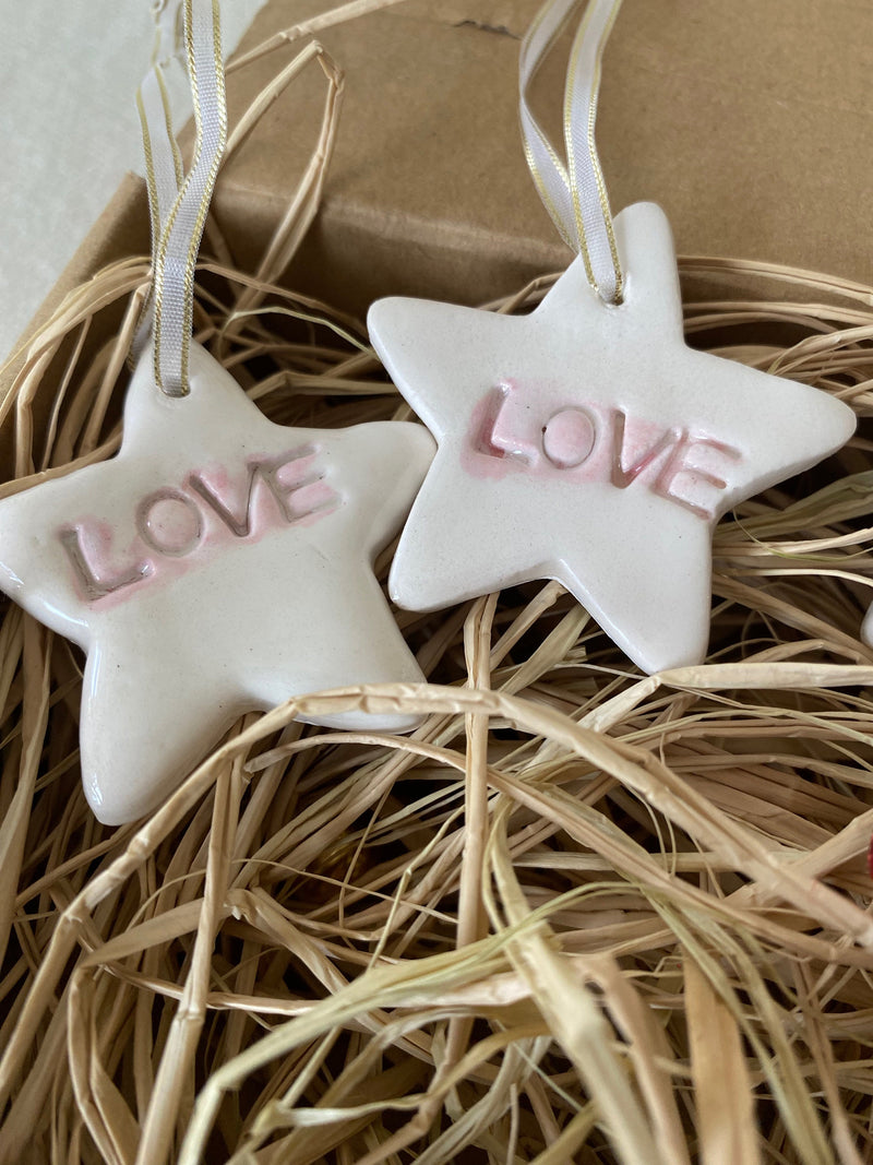 Handmade Ceramic Star Christmas Ornaments - Love Theme, Set of 4-zoom-
