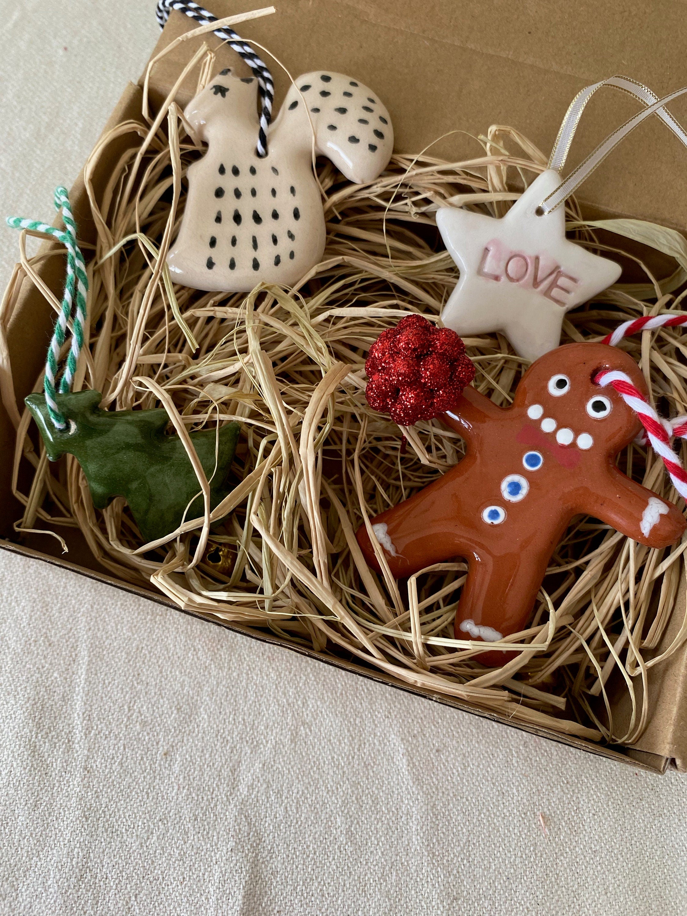 Handmade Ceramic Star Christmas Ornaments - Love Theme, Set of 4