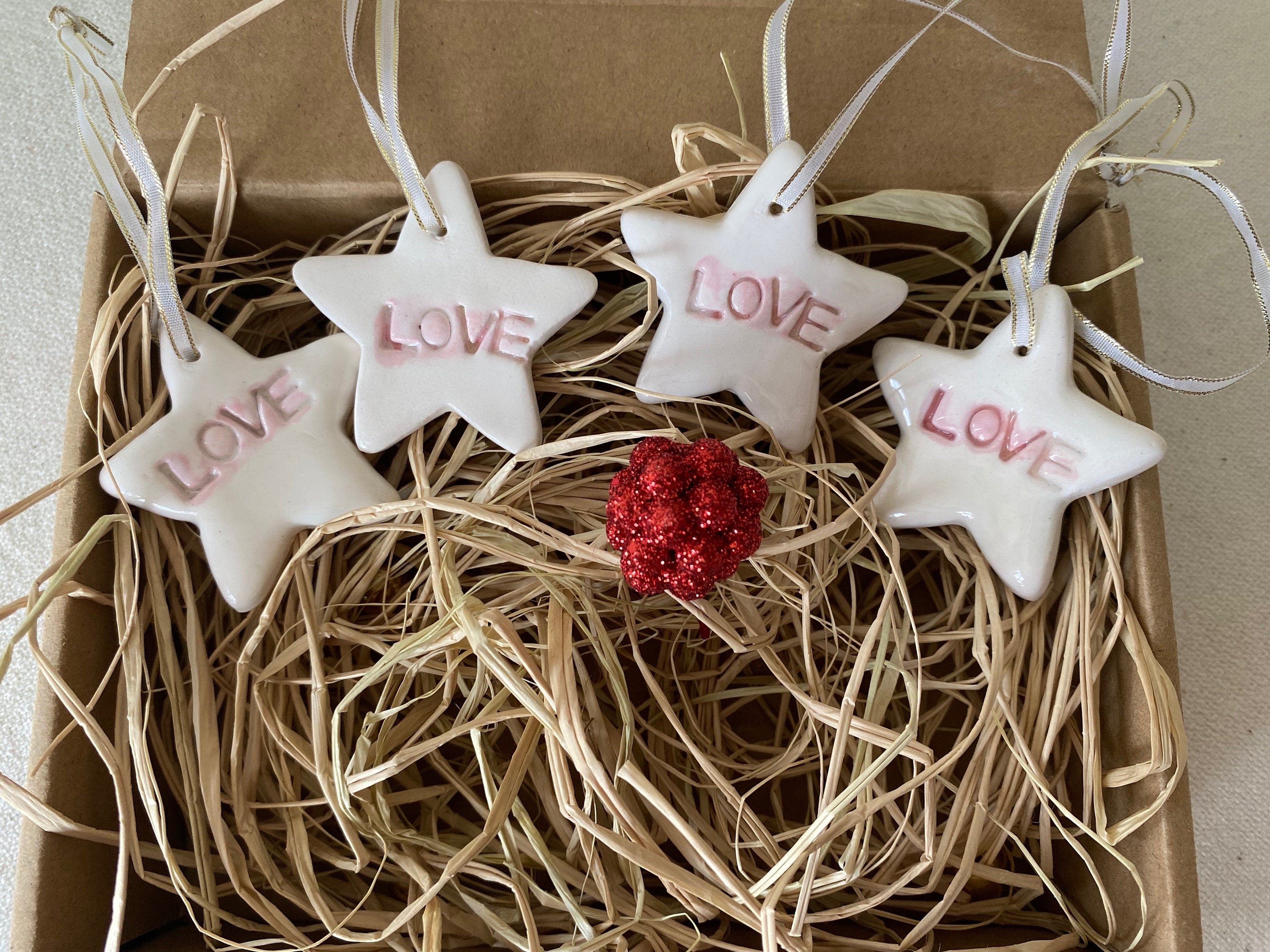 Handmade Ceramic Star Christmas Ornaments - Love Theme, Set of 4-zoom-1