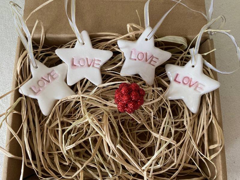 Handmade Ceramic Star Christmas Ornaments - Love Theme, Set of 4-zoom-