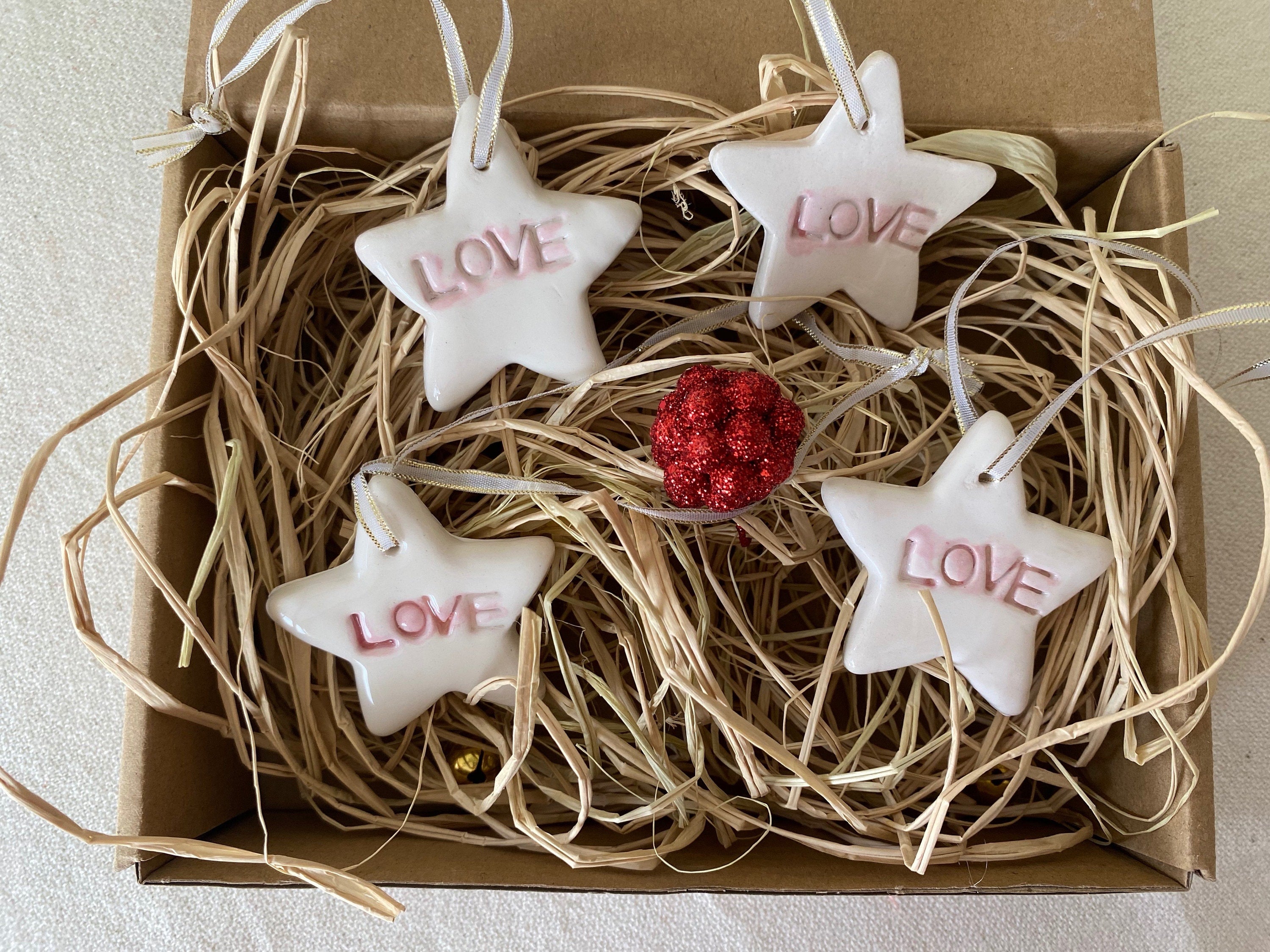 Handmade Ceramic Star Christmas Ornaments - Love Theme, Set of 4-zoom-6