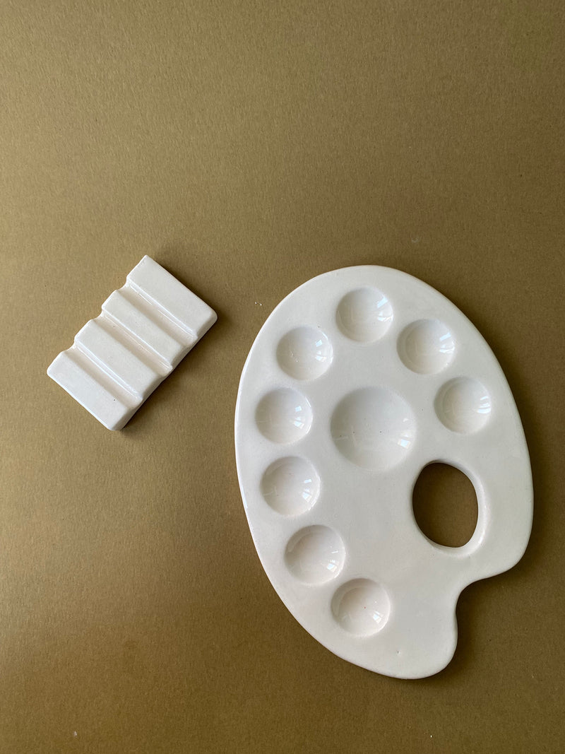 Handmade Ceramic Watercolor Palette with Brush Rest-zoom-