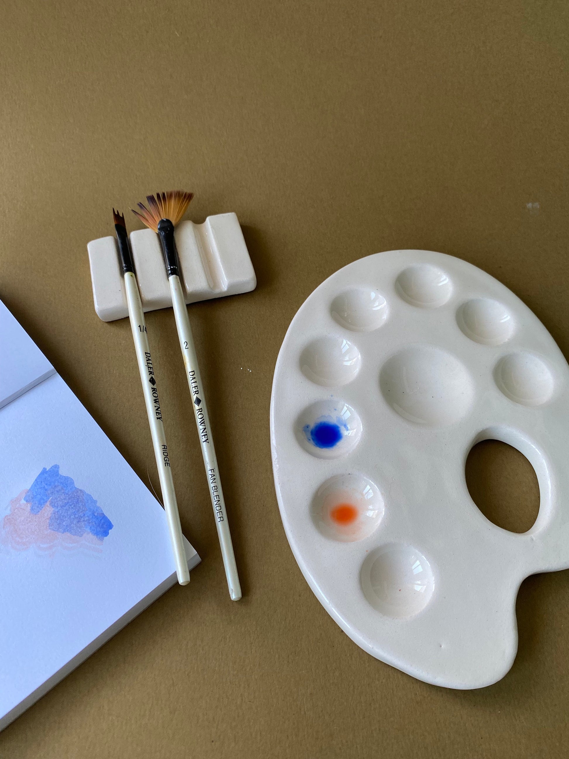 Handmade Ceramic Watercolor Palette with Brush Rest-9