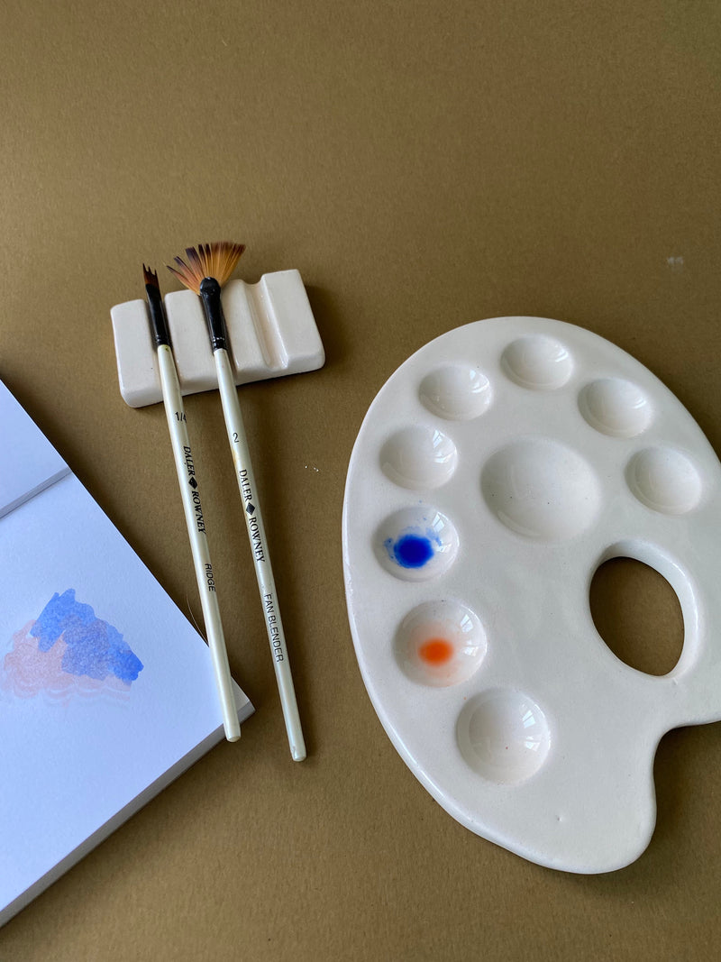 Handmade Ceramic Watercolor Palette with Brush Rest-zoom-