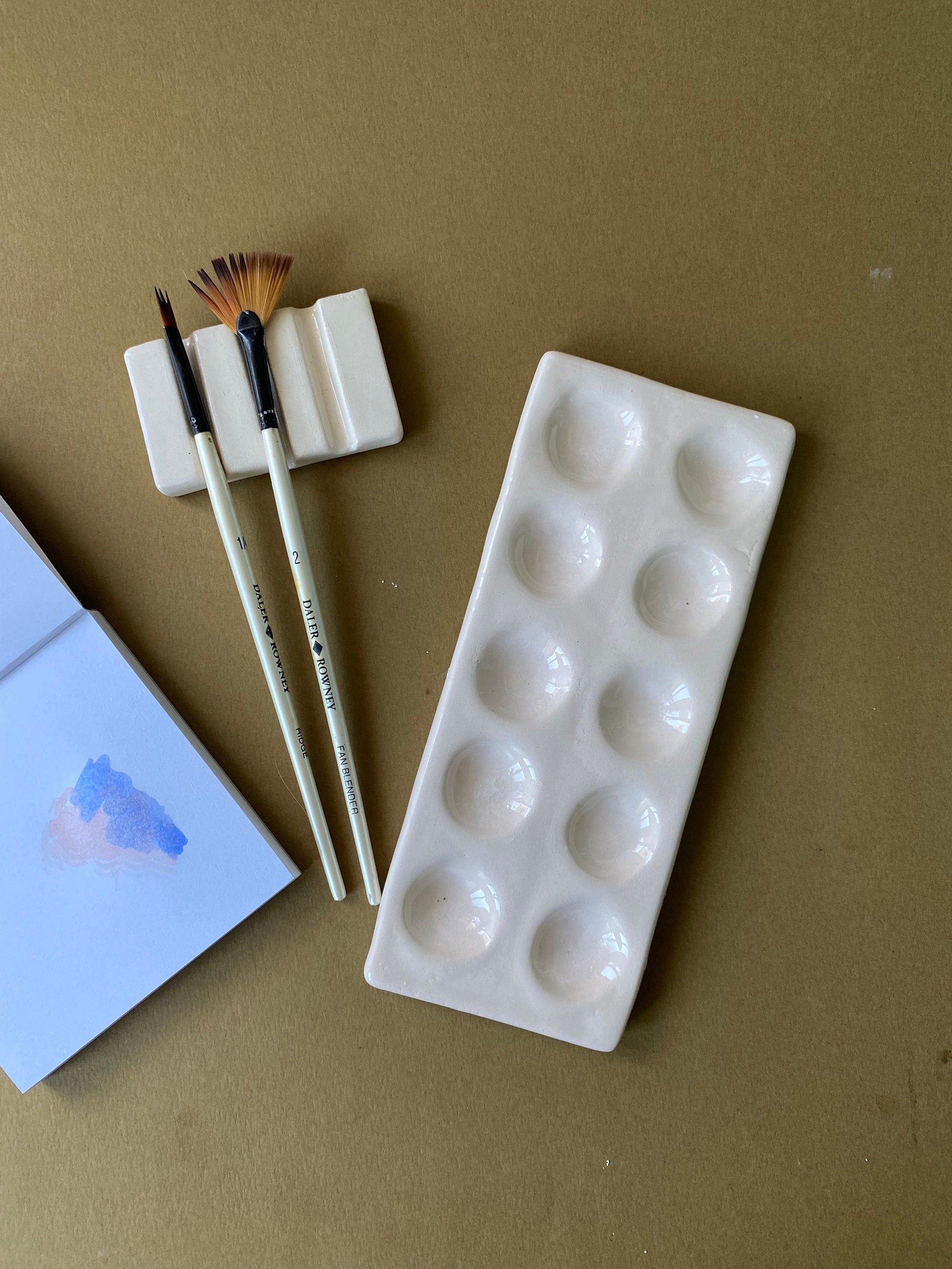 Handmade Ceramic Watercolor Palette with Brush Rest-10