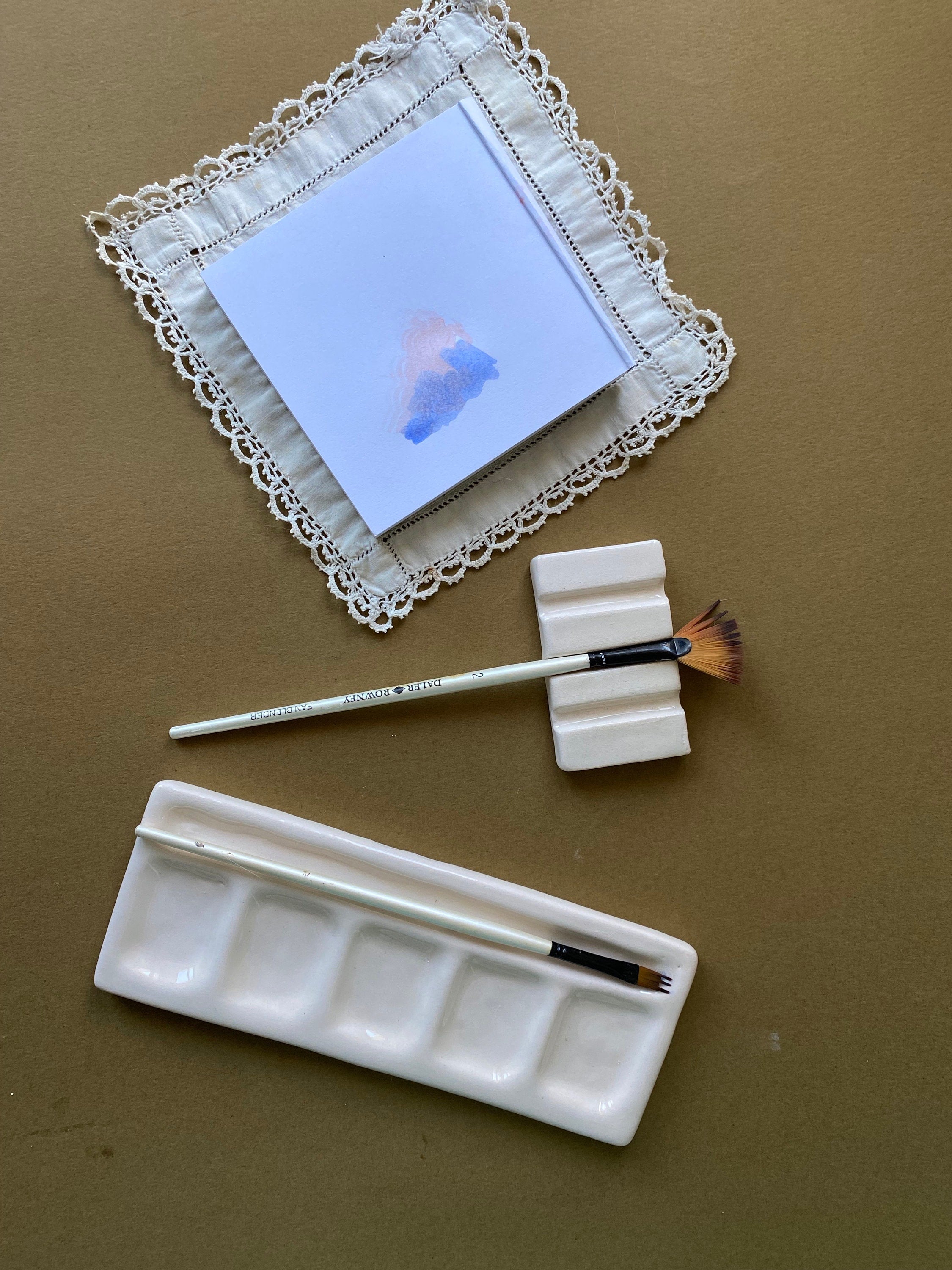 Handmade Ceramic Watercolor Palette with Brush Rest-zoom-1