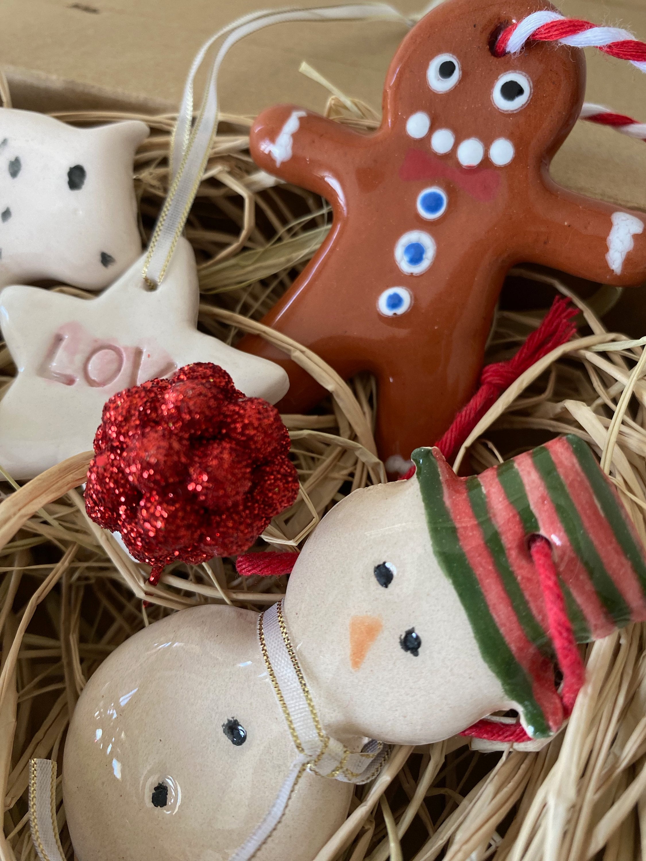 Handmade Ceramic Christmas Ornaments: Snowman, Gingerbread, Star, Set of 4
