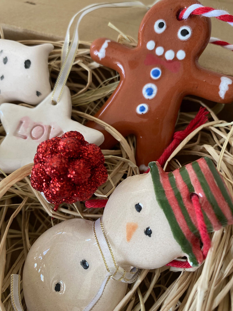 Handmade Ceramic Christmas Ornaments: Snowman, Gingerbread, Star, Set of 4-zoom-