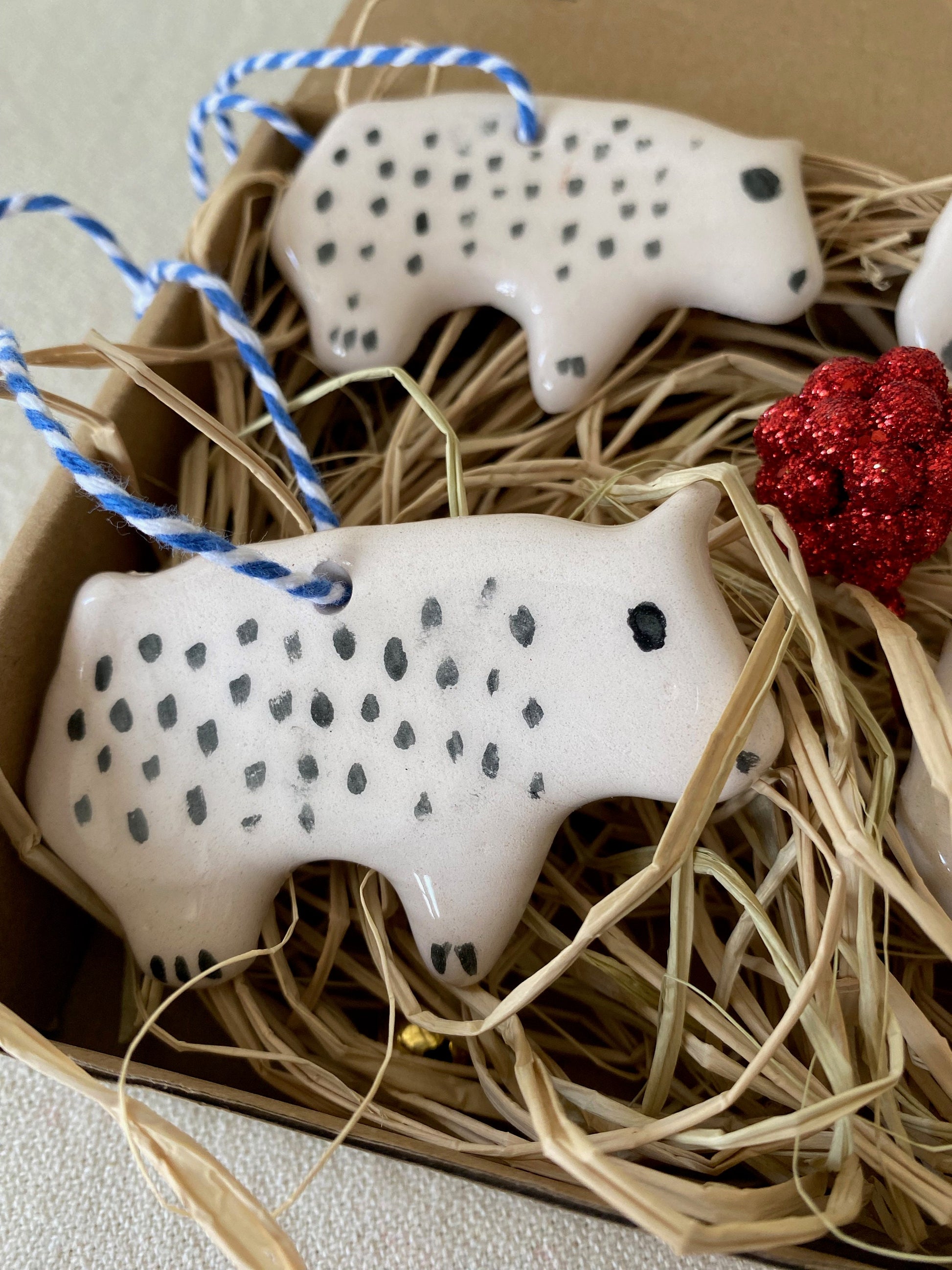 Handmade Ceramic Bear Christmas Ornament Set, White Clay Decoration-3