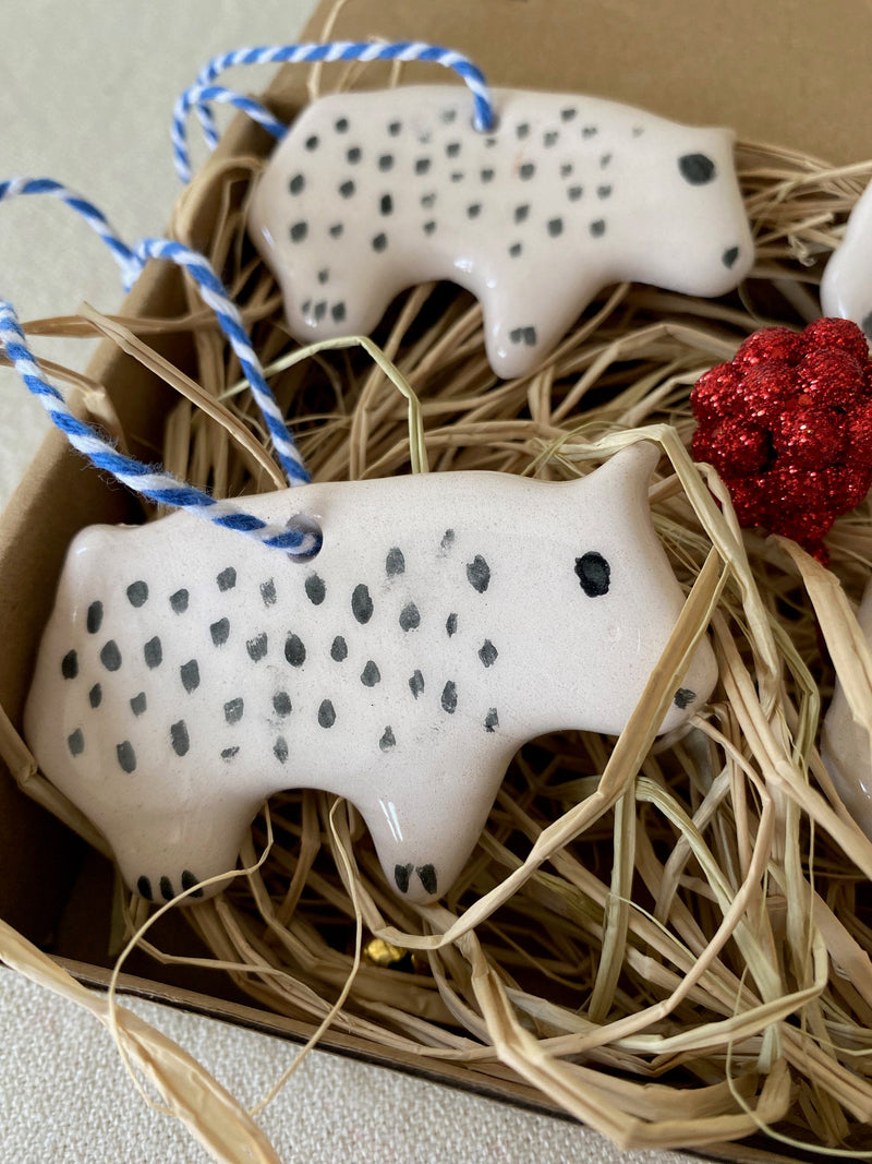 Handmade Ceramic Bear Christmas Ornament Set, White Clay Decoration-zoom-