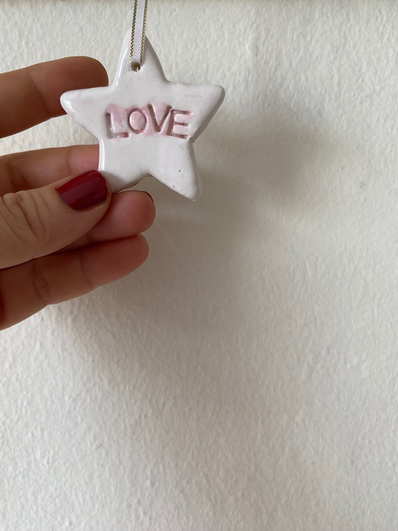 Handmade Ceramic Star Christmas Ornaments - Love Theme, Set of 4-zoom-