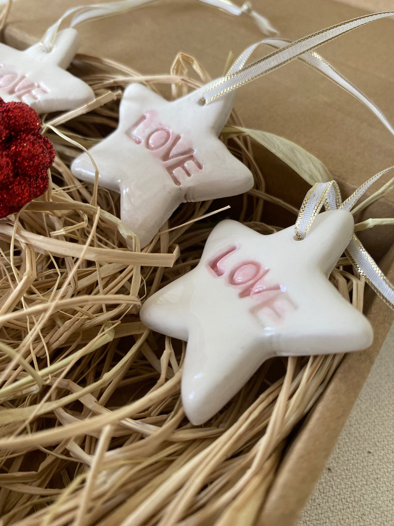 Handmade Ceramic Star Christmas Ornaments - Love Theme, Set of 4-zoom-