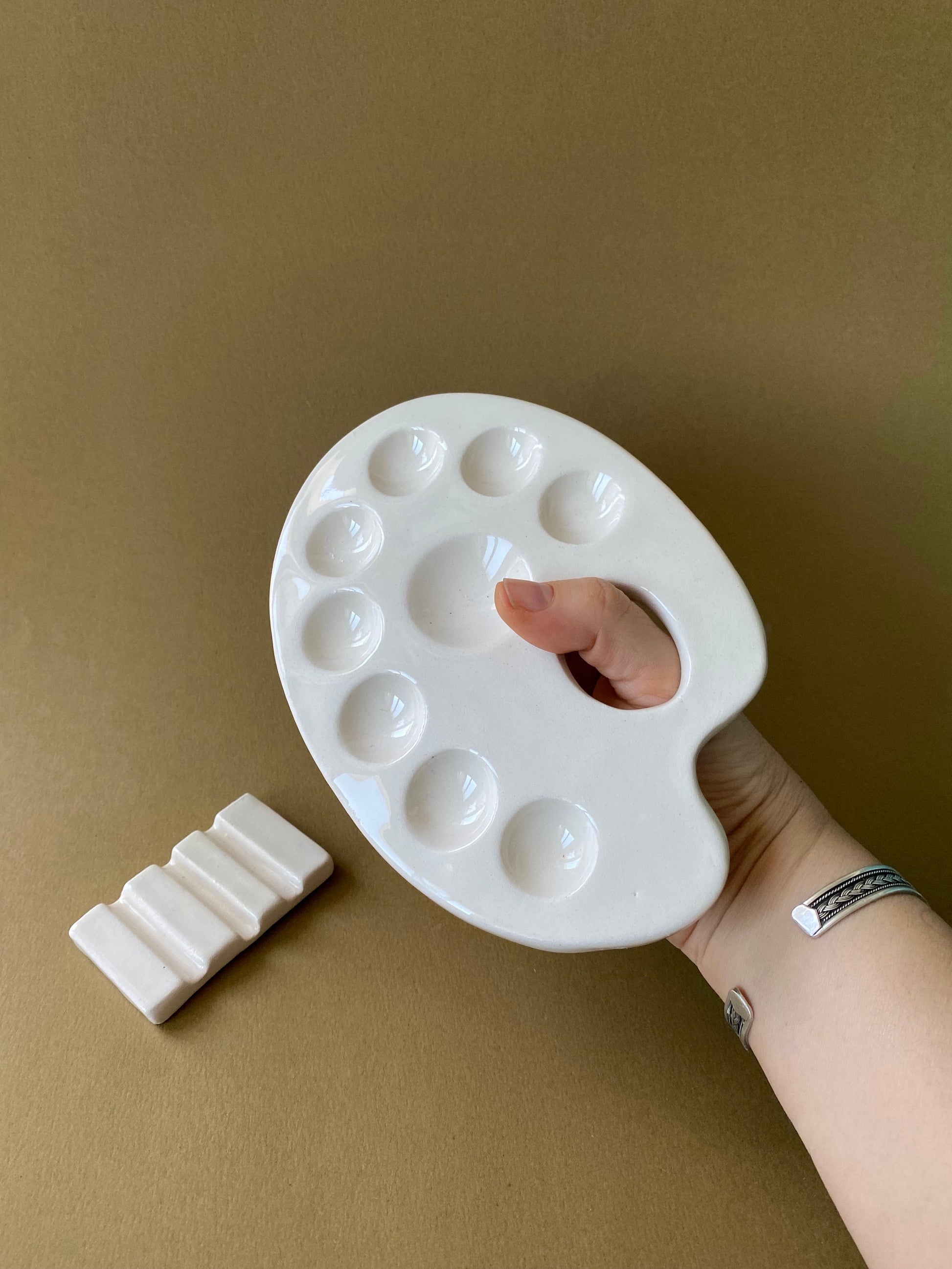 Handmade Ceramic Watercolor Palette with Brush Rest-5