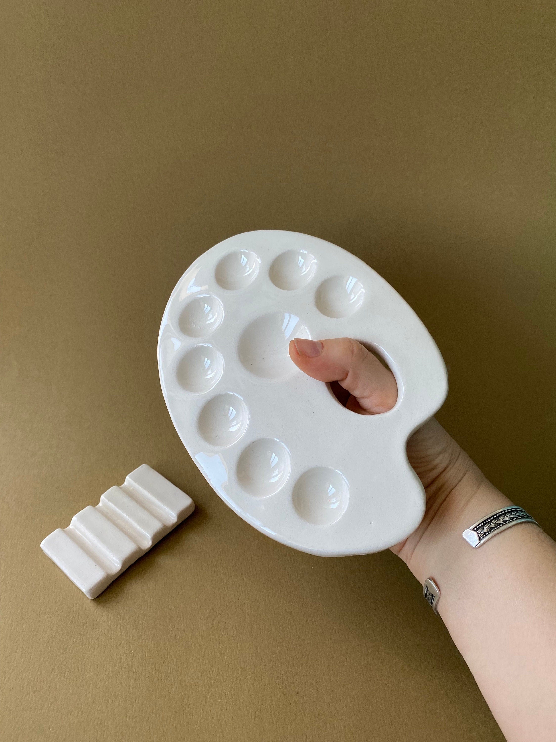 Handmade Ceramic Watercolor Palette with Brush Rest-zoom-5