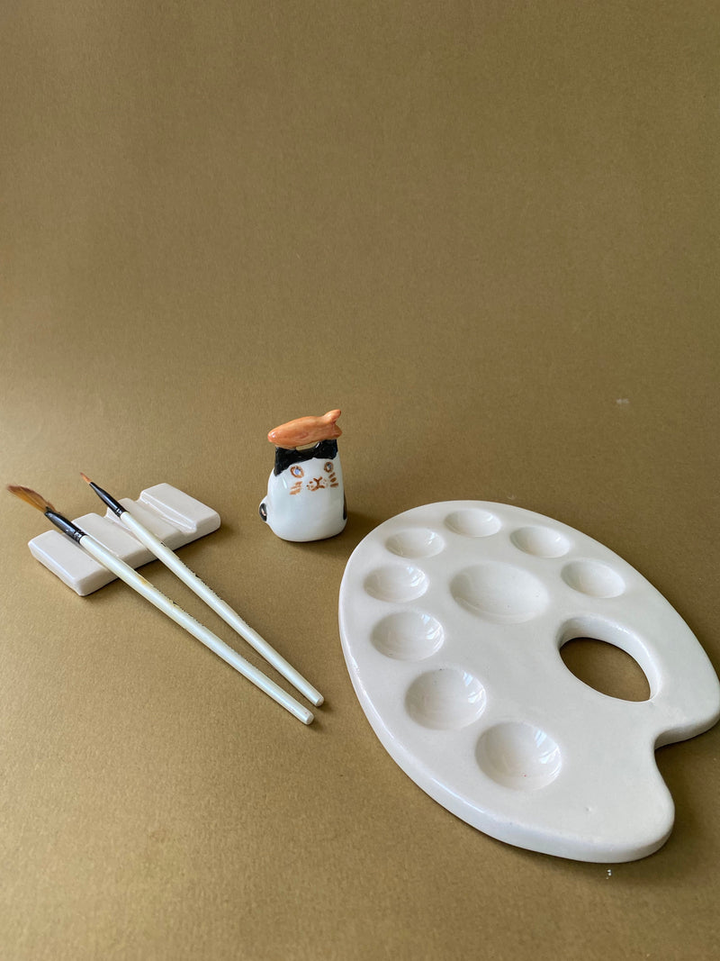 Handmade Ceramic Watercolor Palette with Brush Rest-zoom-