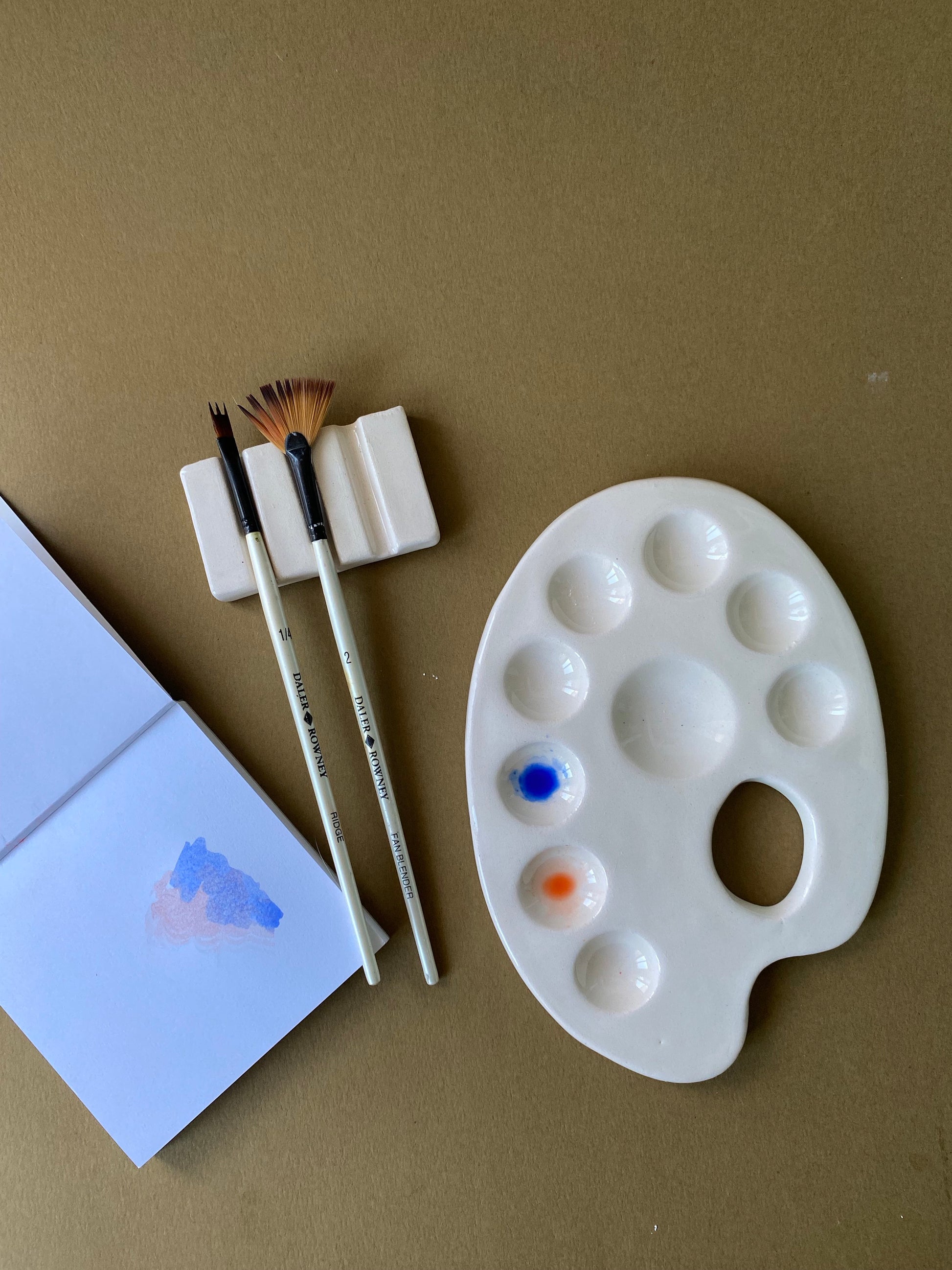 Handmade Ceramic Watercolor Palette with Brush Rest-2