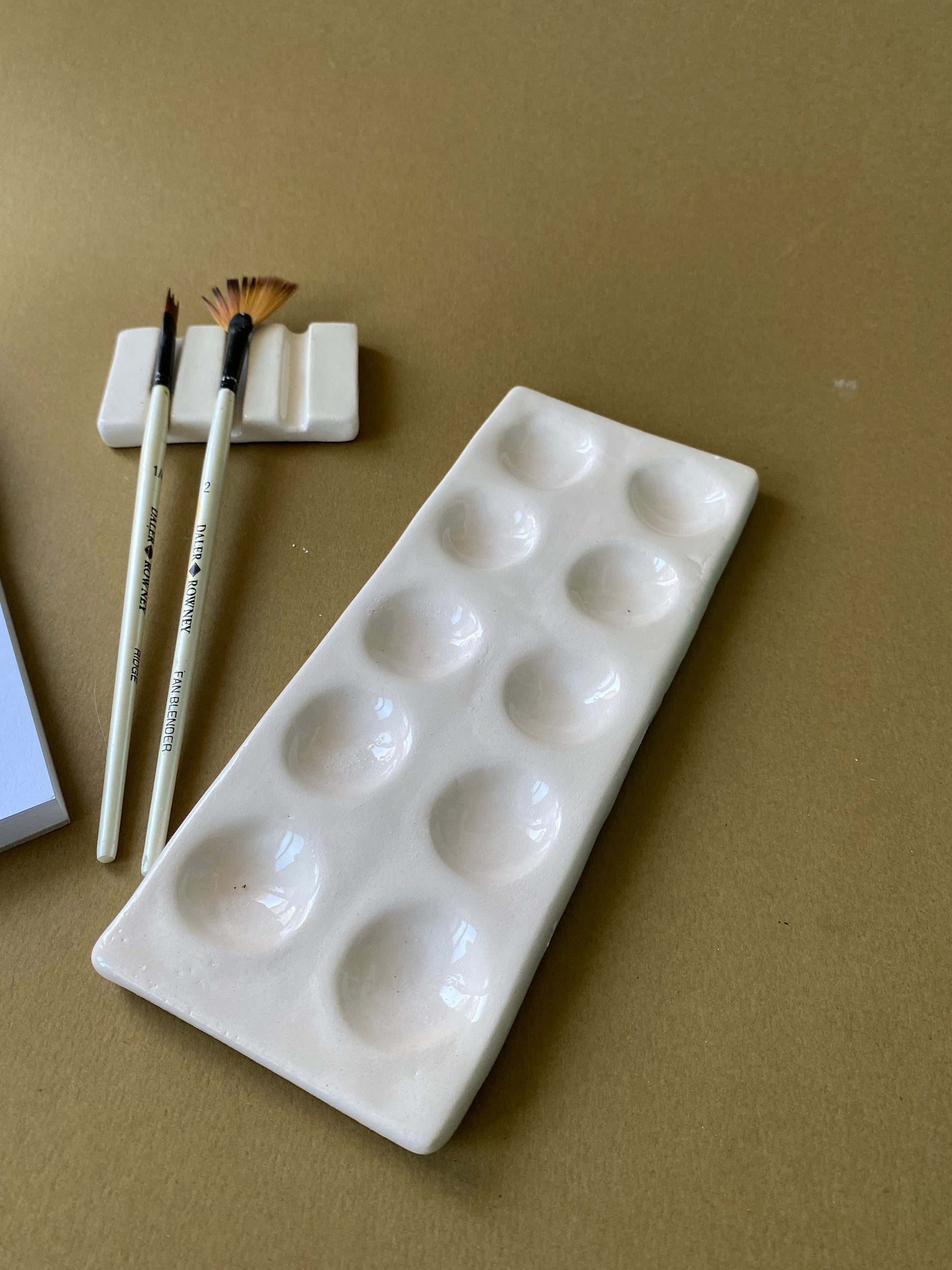 Handmade Ceramic Watercolor Palette with Brush Rest