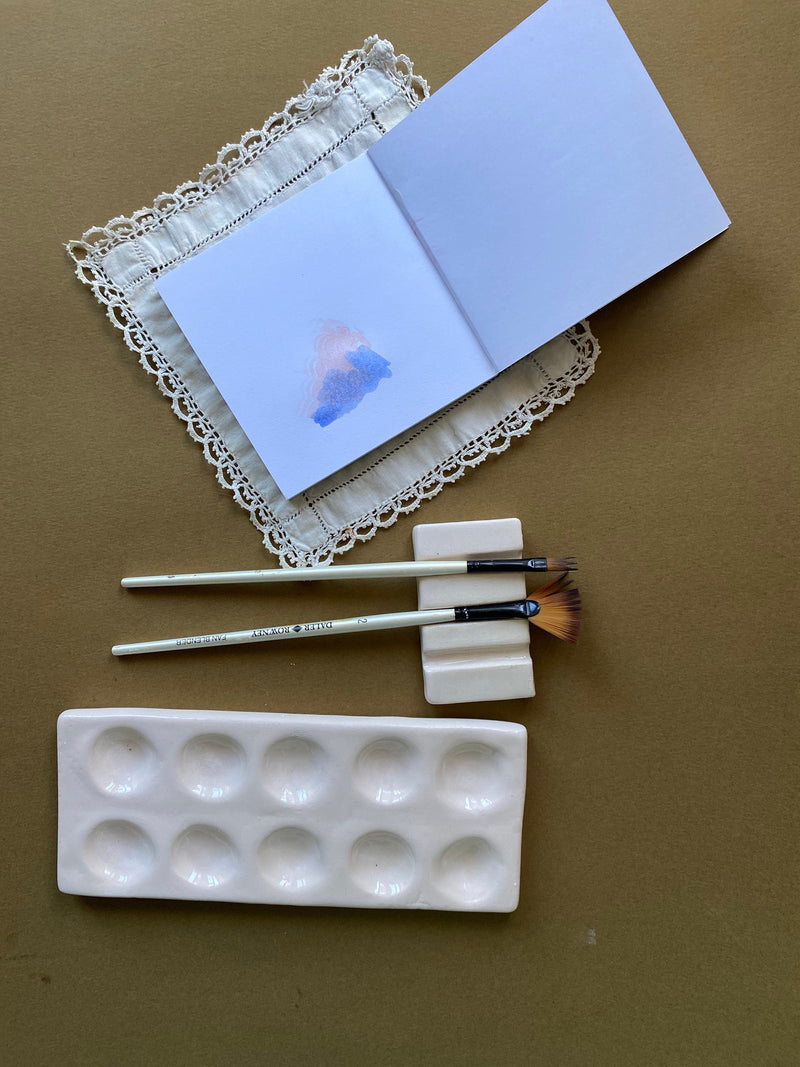 Handmade Ceramic Watercolor Palette with Brush Rest-zoom-
