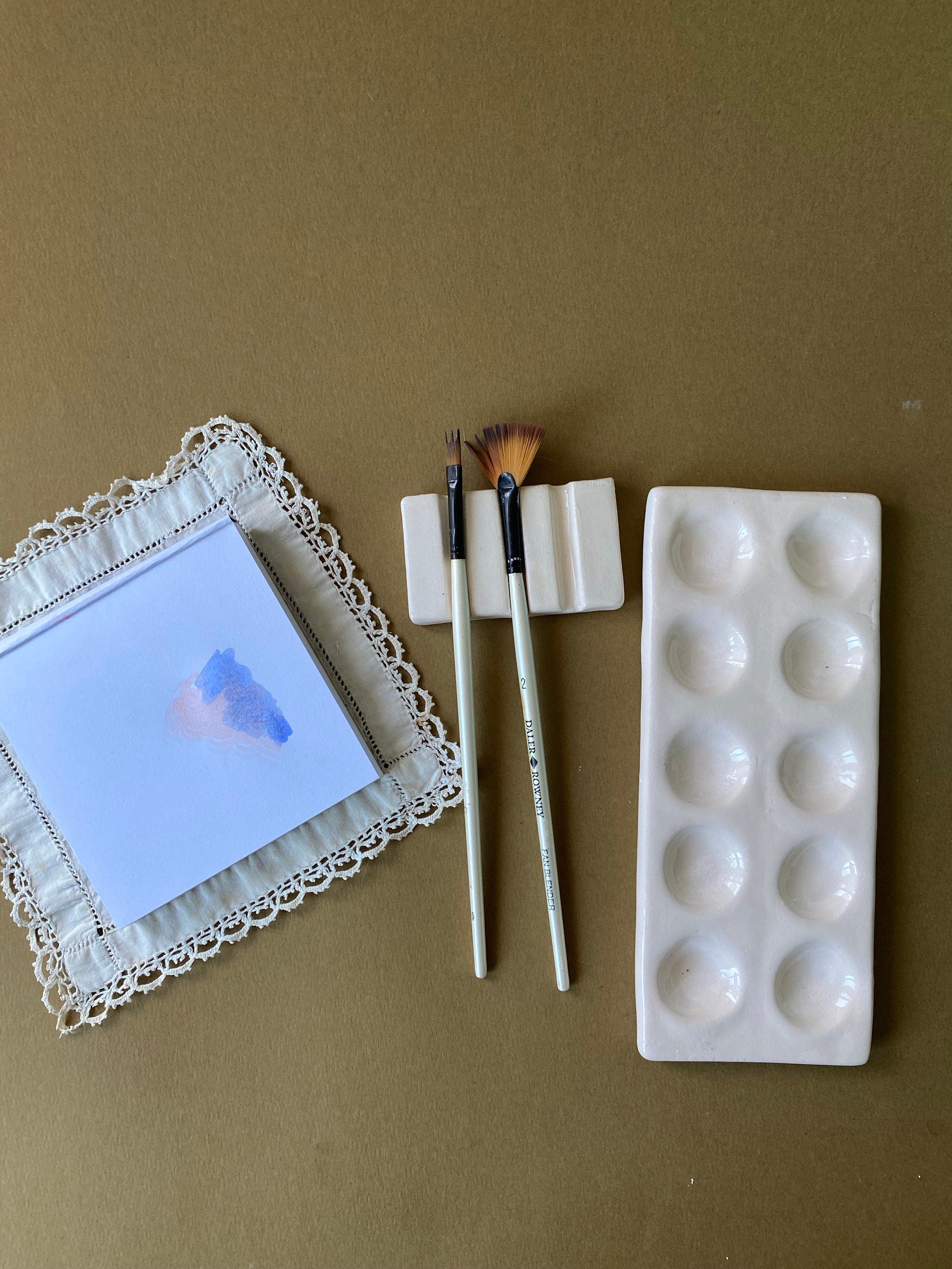 Handmade Ceramic Watercolor Palette with Brush Rest-zoom-4