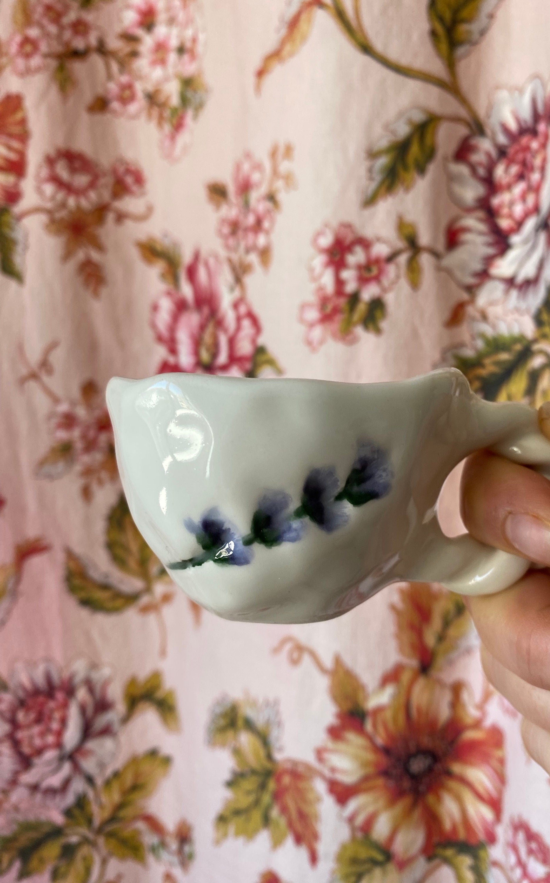 Handmade Terracotta Coffee Cup: Lavender Floral Ceramic
