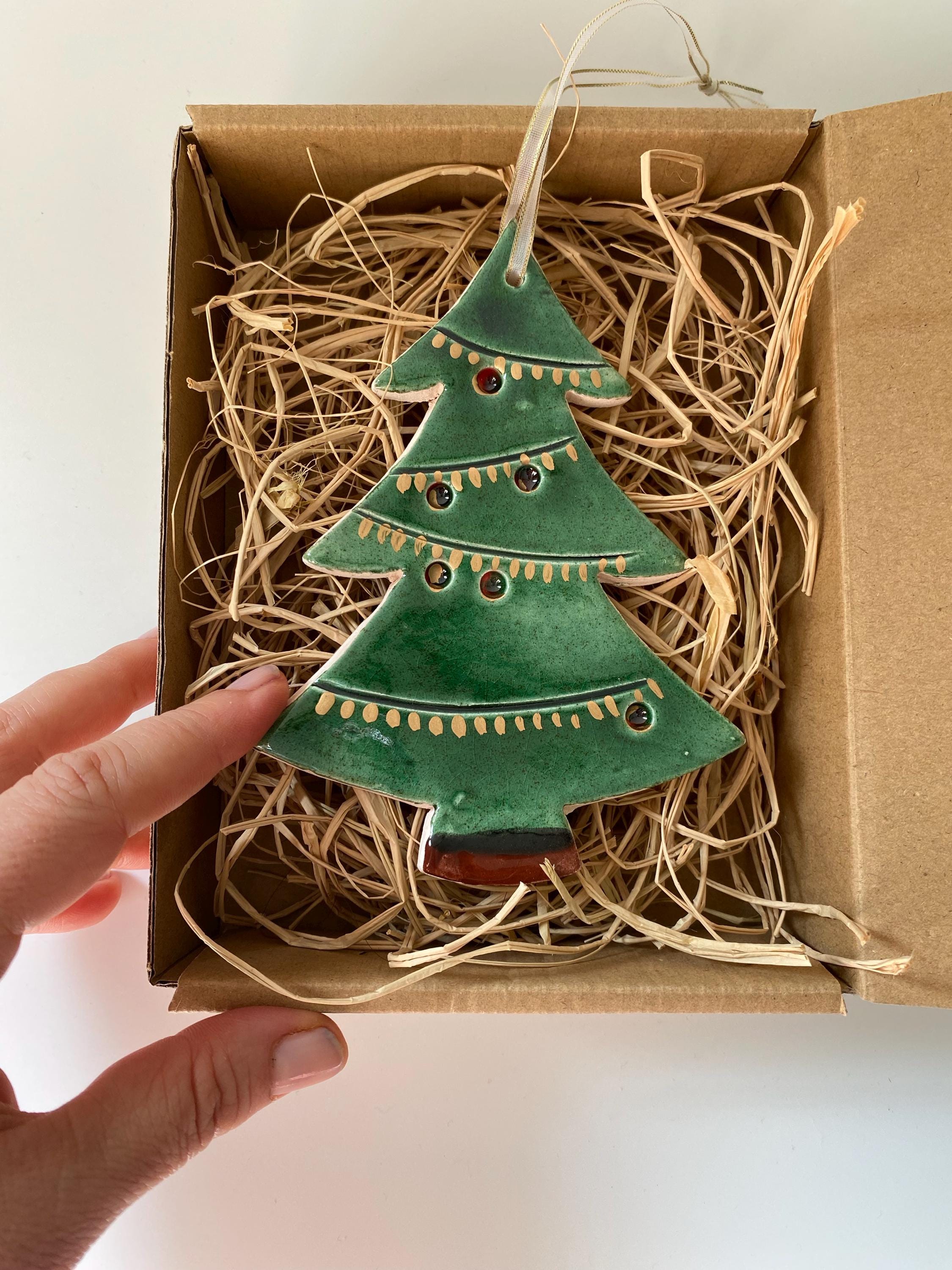 Handmade Ceramic Christmas Tree Ornament: Green Holiday Decor-zoom-4