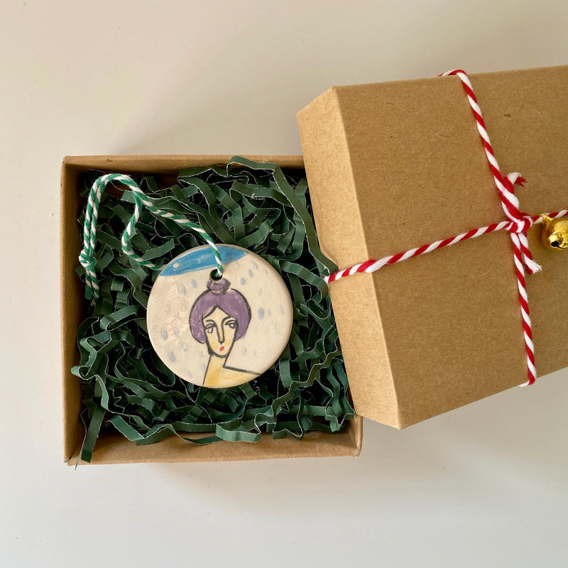 Ceramic woman Ornament-Handmade Pottery Christmas Decoration-Christmas tree faces ornament gift-zoom-